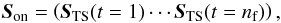 Mathematical equation: \begin{equation} \sbe = \left( \s_\text{TS} (t=1) \cdots \s_\text{TS} (t=\Nf)\\ \right), \end{equation}