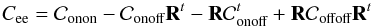 Mathematical equation: \begin{equation} \label{E:Cee2} C_{\rm ee} = \Conon - \Conoff\R^t - \R \Conoff^t + \R \Coffoff \R^t \end{equation}