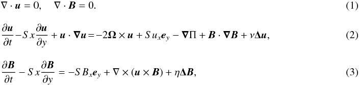 Mathematical equation: \begin{eqnarray} \label{div}&&\nabla \cdot\vec{u}=0, \quad \nabla\cdot\vec{B}=0.~~~ \\[3mm] \label{velocity_eq}&&\frac{\partial{\vec{u}}}{\partial{t}}\!-\!Sx\frac{\partial{\vec{u}}}{\partial{y}}+\vec{u}\cdot\vec{\nabla u} \!=\! -2\vec{\boldsymbol{\Omega}}\times\vec{u}+Su_x\vec{e}_y-\vec{\nabla}\Pi+\vec{B}\cdot\vec{\nabla B}+\nu\vec{\Delta u}, \\[3mm] \label{magnetic_eq}&&\frac{\partial{\vec{B}}}{\partial{t}}-Sx\frac{\partial{\vec{B}}}{\partial{y}} = -SB_x\vec{e}_y+\nabla\times(\vec{u}\times\vec{B})+\eta\vec{\Delta B}, \end{eqnarray}