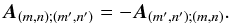 Mathematical equation: \begin{equation} \label{eq_revers} \vec{A}_{(m,n);(m',n')}= -\vec{A}_{(m',n');(m,n)}. \end{equation}