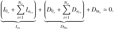 Mathematical equation: \begin{equation} \label{bilan_glob_multish} \underbrace{\left(I_{0_x}+\sum_{i=1}^{N_a} {I}_{{a_i}_x}\right)}_{I_{a_x}}\,+\,\underbrace{\left(D_{0_x}+\sum_{i=1}^{N_a} {D}_{{a_i}_x}\right)}_{D_{{\rm la}_x}}\,+\,D_{{\rm ta}_x} \simeq 0. \end{equation}
