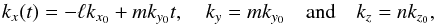Mathematical equation: \begin{equation} k_x(t)=-\ell k_{x_0}+mk_{y_0} t,\quad k_y=m k_{y_0}\quad\text{and}\quad k_z=n k_{z_0}, \end{equation}