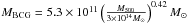 Mathematical equation: \hbox{$M_{\rm BCG} = 5.3 \times 10^{11} \left( \frac{M_{500}}{3\times 10^{14} M_{\odot}} \right)^{0.42}M_{\odot}$}