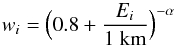 Mathematical equation: \begin{equation} \label{eq:suffbigmod} w_i = \Bigl( 0.8 + \frac{E_i}{1\;{\rm km}} \Bigr)^{-\alpha} \end{equation}