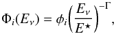 Mathematical equation: \begin{equation} \Phi_i(E_\nu)=\phi_i \biggl(\frac{E_\nu}{E^\star}\biggr)^{-\Gamma}, \label{phinu} \end{equation}