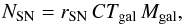 Mathematical equation: \begin{equation} \label{eqrate} N_{\rm SN} = r_{\rm SN} \, CT_{\rm gal} \, M_{\rm gal} , \end{equation}