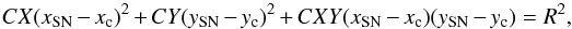 Mathematical equation: \begin{equation} CX(x_{\rm SN} -x_{\rm c} )^2 + CY(y_{\rm SN} - y_{\rm c} )^2 + CXY(x_{\rm SN} - x_{\rm c} )(y_{\rm SN} -y_{\rm c} ) = R^2 , \end{equation}