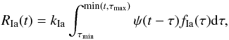 Mathematical equation: \begin{equation} \label{rateIa1} R_{\rm Ia}(t) = k_{\rm Ia}\int_{\tau_{\rm min}}^{{\rm min}(t,\tau_{\rm max})} \psi(t- \tau) f_{\rm Ia}(\tau) {\rm d}{\tau} , \end{equation}