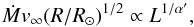 Mathematical equation: \begin{equation} \dot{M}v_{\infty} (R/R_{\odot})^{1/2} \propto L^{1/\alpha'}, \end{equation}