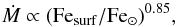 Mathematical equation: \begin{equation} \dot M \propto ({\rm Fe_{surf}}/{\rm Fe}_{\odot})^{0.85} , \end{equation}