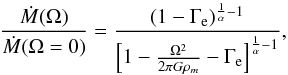 Mathematical equation: \begin{equation} \label{eq:rotf_g} \frac{\dot{M}(\Omega)}{\dot{M} (\Omega = 0)} = \frac{(1- \Gamma_{\rm e})^{\frac{1}{\alpha}-1}} {\left[ 1 - \frac{\Omega^2}{2 \pi G \rho_m} - \Gamma_{\rm e} \right]^{\frac{1}{\alpha} - 1}}, \end{equation}