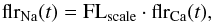 Mathematical equation: \begin{equation} \text{flr}_{\text{Na}}(t) = \text{FL}_{\mathrm{scale}}\cdot\text{flr}_{\text{Ca}}(t), \label{eq:flare} \end{equation}