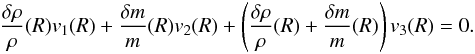 Mathematical equation: \begin{eqnarray} \frac{\delta \rho}{\rho}(R)v_{1}(R)+\frac{\delta m}{m}(R)v_{2}(R)+\left(\frac{\delta \rho}{\rho}(R)+\frac{\delta m}{m}(R)\right)v_{3}(R)=0. \label{EqBoundSurf} \end{eqnarray}