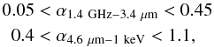 Mathematical equation: \begin{eqnarray} \begin{aligned} ~0.05&<\alpha_{1.4~{\rm GHz}-3.4~\mu{\rm m}}<0.45 \\ 0.4&<\alpha_{4.6~\mu{\rm m}-1~{\rm keV}}< 1.1, \end{aligned}\label{eq:slope} \end{eqnarray}
