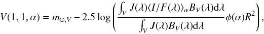 Mathematical equation: \begin{equation} V(1,1,\alpha)=m_{\odot,V}-2.5\log \left(\frac{\int_{V} J(\lambda)\langle I/F(\lambda) \rangle_{\alpha}B_V(\lambda){\rm d}\lambda}{\int_{V} J(\lambda)B_V(\lambda){\rm d}\lambda} \phi(\alpha) R^2 \right), \label{eq:V_alpha} \end{equation}