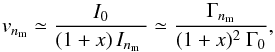Mathematical equation: \begin{equation} \label{eqt-mesure-dampingv} \vm \simeq {I_0 \over (1+x)\, I_\nm\ } \simeq {\Gamma_\nm \over (1+x)^2\ \Gamma_0} , \end{equation}