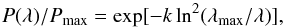 Mathematical equation: \begin{equation} P(\lambda)/P_{\rm max}=\exp[-k \ln^2(\lambda_{\rm max}/\lambda)] \label{serk} , \end{equation}