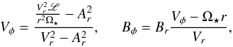 Mathematical equation: \appendix \setcounter{section}{1} \begin{equation} \label{eqn:VphiBphi} V_\phi = \frac{ \frac{V_r^2 \mathscr{L}}{r^2 \Omega_\star} - A_r^2 }{ V_r^2 - A_r^2 }, \hspace{5mm} B_\phi = B_r \frac{ V_\phi - \Omega_\star r }{ V_r }, \end{equation}