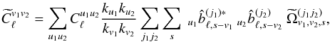 Mathematical equation: \begin{eqnarray} \pC^{v_1v_2}_{\ell} = \sum_{u_1u_2} C^{u_1u_2}_{\ell} \frac{k_{u_1}k_{u_2}}{k_{v_1}k_{v_2}} \sum_{j_1 j_2} \sum_s \ _{u_1} \hatb^{(j_1)*}_{\ell,s-v_1} \ _{u_2} \hatb^{(j_2) }_{\ell,s-v_2} \ {\tOmega}^{(j_1j_2)}_{v_1,v_2,s}, \label{eq:cl_arbitrary} \end{eqnarray}