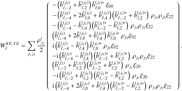 Mathematical equation: \appendix \setcounter{section}{5} % subequation 4894 2 \begin{eqnarray} W_{\ell}^{XY,\; TE} = \sum_{j_1j_2} \frac{\cpei{j_2}}{2} \left( \begin{array}{l} -\left( \hatb_{\ell,-2}^{(j_2)}+\hatb_{\ell,2}^{(j_2)} \right) \hatb_{\ell,0}^{(j_1)*} {\ \myxi_{00}} \\[1mm] -\left( \hatb_{\ell,-4}^{(j_2)}+2 \hatb_{\ell,0}^{(j_2)}+\hatb_{\ell,4}^{(j_2)} \right) \left(\hatb_{\ell,-2}^{(j_1)*}+\hatb_{\ell,2}^{(j_1)*}\right) {\ \cpem{j_1}\cpem{j_2}\myxi_{22}} \\[1mm] -\left( \hatb_{\ell,-4}^{(j_2)}-\hatb_{\ell,4}^{(j_2)} \right) \left(\hatb_{\ell,-2}^{(j_1)*}-\hatb_{\ell,2}^{(j_1)*}\right) {\ \cpem{j_1}\cpem{j_2}\myxi_{22}} \\[1mm] \left( \hatb_{\ell,-4}^{(j_2)}+2 \hatb_{\ell,0}^{(j_2)}+\hatb_{\ell,4}^{(j_2)} \right) \hatb_{\ell,0}^{(j_1)*} {\ \cpem{j_2}\myxi_{02}} \\[1mm] {\rm i} \left( \hatb_{\ell,-4}^{(j_2)}-\hatb_{\ell,4}^{(j_2)} \right) \hatb_{\ell,0}^{(j_1)*} {\ \cpem{j_2}\myxi_{02}} \\[1mm] \end{array} \right).~~~~~~~~~~~~~~~~~~~ \label{eq:wl_xyTE_is} \end{eqnarray}