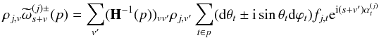 Mathematical equation: \appendix \setcounter{section}{6} \begin{eqnarray} \cpem{j,v} \tomega_{s+v}^{(j)\pm}(p) = \sum_{v'} (\matH^{-1}(p))_{vv'} \cpem{j,v'} \sum_{t \in p} (\dd\theta_t \pm {\rm i} \sin\theta_t \dd\varphi_t) f_{j,t} {\rm e}^{{\rm i} (s+v') \alpha^{(j)}_t} \end{eqnarray}