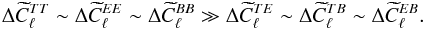 Mathematical equation: \appendix \setcounter{section}{6} \begin{equation} \Delta \pC^{TT}_{\ell} \sim \Delta \pC^{EE}_{\ell} \sim \Delta \pC^{BB}_{\ell} \gg \Delta \pC^{TE}_{\ell} \sim \Delta \pC^{TB}_{\ell} \sim \Delta \pC^{EB}_{\ell}. \end{equation}