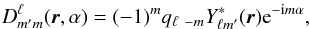 Mathematical equation: \begin{eqnarray} D^{\ell}_{m'm}(\vecr,\alpha) = (-1)^m q_{\ell}\ _{-m} Y_{\ell m'}^*(\vecr){\rm e}^{-{\rm i} m \alpha}, \label{eq:defWignerRot} \end{eqnarray}