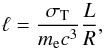 Mathematical equation: \begin{equation} \label{eq:comp} \ell = \frac{ \sigma_{\rm T}} { m_{\rm e} c^{3}} \frac{L}{R} , \end{equation}