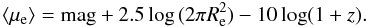 Mathematical equation: $$ \langle\mu_{\rm e}\rangle = {\rm mag} + 2.5 \log\,(2\pi R_{\rm e}^2) - 10\log(1+z).$$