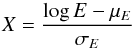 Mathematical equation: \begin{equation} \label{eqn:newvar} X = \frac{\log E - \mu_E}{\sigma_E} \end{equation}