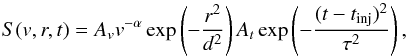 Mathematical equation: \begin{equation} \label{eqn:source} S(v,r,t) = A_v v^{-\alpha}\exp\left(-\frac{r^2}{d^2}\right)A_t\exp\left(-\frac{(t-t_{\rm inj})^2}{\tau^2}\right), \end{equation}
