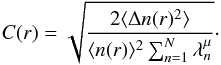 Mathematical equation: \begin{equation} C(r) = \sqrt{\frac{2\langle \Delta n(r)^2 \rangle}{\langle n(r) \rangle^2\sum_{n=1}^N\lambda_n^{\mu}}}\cdot \end{equation}