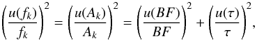 Mathematical equation: \begin{equation} \label{Eq5} \Bigg(\frac{u(f_k)}{f_k} \Bigg)^2=\Bigg(\frac{u(A_k)}{A_k} \Bigg)^2= \Bigg(\frac{u(BF)}{BF} \Bigg)^2 + \Bigg(\frac{u(\tau)}{\tau} \Bigg )^2, \end{equation}