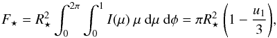 Mathematical equation: \begin{equation} \label{eqn:Idisc_full} F_\star = R_\star^2 \int_0^{2\pi} \int_0^1 I(\mu) \ \mu \ {\rm d}\mu \ {\rm d}\phi = \pi R_\star^2 \ \Bigg(1 - \frac{u_1}{3}\Bigg), \end{equation}