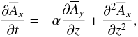 Mathematical equation: \begin{equation} \frac{\partial\meanA_x}{\partial t}=-\alpha\frac{\partial\meanA_y}{\partial z} +\frac{\partial^2\meanA_x}{\partial z^2}, \label{eq1} \end{equation}