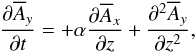 Mathematical equation: \begin{equation} \frac{\partial\meanA_y}{\partial t}=+\alpha\frac{\partial\meanA_x}{\partial z} +\frac{\partial^2\meanA_y}{\partial z^2}, \label{eq2} \end{equation}