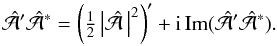 Mathematical equation: \begin{equation} \hat{\cal A}'\hat{\cal A}^\ast =\left(\half\left|\hat{\cal A}\,\right|^2\right)' +\ii\,\Imag(\hat{\cal A}'\hat{\cal A}^\ast). \end{equation}
