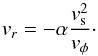 \begin{equation} v_r=-\alpha\frac{v_{\rm s}^2}{v_\phi}\cdot \label{vr} \end{equation}