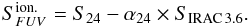 \appendix \setcounter{section}{1} \begin{equation} S_{FUV}^\mathrm{ion.} = S_{24} - \alpha_{24} \times S_{\mathrm{IRAC}\, 3.6}\text{.} \end{equation}
