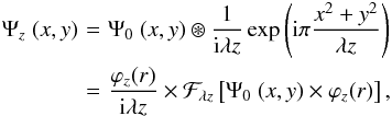 \begin{eqnarray} \Psi_{z}\ (x, y)\! \! \! \! &= \! \! \! \!& \Psi_{0}\ (x,y) \circledast \frac{1}{{\rm i}\lambda z} \exp \left( {\rm i}\pi\frac{x^{2}+y^{2}}{\lambda z} \right) \nonumber \\ &= \! \! \! \!& \frac{\varphi_{z}(r)}{{\rm i}\lambda z} \times \mathcal{F}_{\lambda z} \left[ \Psi_{0}\ (x,y)\times \varphi_{z}(r) \right] \label{eq:propagation} , \end{eqnarray}