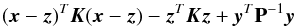 Mathematical equation: \appendix \setcounter{section}{1} \begin{equation} (\x-\z)^T\K(\x-\z) - \z^T\K\z + \y^T\pmat^{-1}\y \label{eq:decomp} \end{equation}