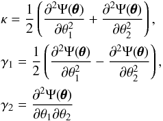 Mathematical equation: \begin{eqnarray} &&\kappa = \dfrac{1}{2} \left(\dfrac{\partial^2 \Psi(\pmb{\theta})}{\partial \theta_1^2} + \dfrac{\partial^2 \Psi(\pmb{\theta})}{\partial \theta_2^2} \right) , \\ \nonumber &&\gamma_1 = \dfrac{1}{2} \left(\dfrac{\partial^2 \Psi(\pmb{\theta})}{\partial \theta_1^2} - \dfrac{\partial^2 \Psi(\pmb{\theta})}{\partial \theta_2^2} \right), \\ \nonumber &&\gamma_2 = \dfrac{\partial^2 \Psi(\pmb{\theta})}{\partial \theta_1 \partial \theta_2} \nonumber \end{eqnarray}