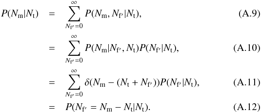 \appendix \setcounter{section}{1} \begin{eqnarray} P(N_{\rm m}|N_{\rm t})&=&\sum^{\infty}_{N_{\rm f'}=0}P(N_{\rm m},N_{\rm f'}|N_{\rm t}),\\ &=&\sum_{N_{\rm f'}=0}^{\infty}P(N_{\rm m}|N_{\rm f'},N_{\rm t})P(N_{\rm f'}|N_{\rm t}),\\ &=&\sum_{N_{\rm f'}=0}^{\infty}\delta(N_{\rm m}-(N_{\rm t}+N_{\rm f'}))P(N_{\rm f'}|N_{\rm t}),\\ &=&P(N_{\rm f'}=N_{\rm m}-N_{\rm t}|N_{\rm t}). \end{eqnarray}