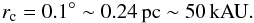 \begin{equation} r_{\rm c} = 0.1^{\circ} \sim 0.24 \, \rm{pc} \sim 50\, \rm{kAU}. \label{Eq:TauG_rc} \end{equation}