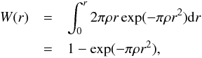 \appendix \setcounter{section}{2} \begin{eqnarray} W( r ) &= &\int_0^{r} 2 \pi \rho r \exp(- \pi \rho r^2) {\rm d}r\nonumber\\ &=& 1 -\exp(-\pi \rho r^2), \label{Eq:NND_k1_cdf_theo} \end{eqnarray}