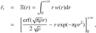 \appendix \setcounter{section}{2} \begin{eqnarray} \bar{r_t} & = &\mathbb{E}(r) = \int_0^{+\infty} r \, w( r ) {\rm d}r \nonumber\\ & =&\left [ \frac{\erf(\!\sqrt{\pi \rho} r)}{2\sqrt{\rho}} - r \exp(-\pi\rho r^2) \right ]_0^{+\infty}, \label{Eq:NND_k1_mean_theo_full} \end{eqnarray}