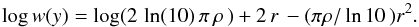 \appendix \setcounter{section}{2} \begin{equation} \log w( y ) = \log(2 \, \ln(10) \, \pi \, \rho \,)+2 \, r \,- (\pi \rho/\ln 10\,) r^2 \label{Eq:NNDLog_k1_LogTheo} . \end{equation}