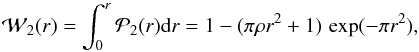 \appendix \setcounter{section}{2} \begin{equation} \mathcal{W}_2(r) = \int_0^r \mathcal{P}_2(r ) {\rm d}r = 1- (\pi \rho r^2+1)\, \exp(-\pi r^2) \label{Eq:RandCumu_knd_k2} , \end{equation}