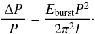 \begin{equation} \label{eq:DeltaP} \frac{|\Delta P|}{P} = \frac{E_{\rm burst} P^2}{2\pi^2 I} \cdot \end{equation}
