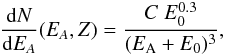\begin{eqnarray} \frac{{\rm d}N}{{\rm d}E_{\it A}}(E_{\it A},Z) = \frac{{\it C}\;E_0^{0.3}}{({E_{\rm A}+E_0)^3}}, \end{eqnarray}